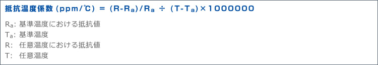 抵抗温度係数(ppm/℃) = (R-Ra)/Ra ÷ (T-Ta)×1000000