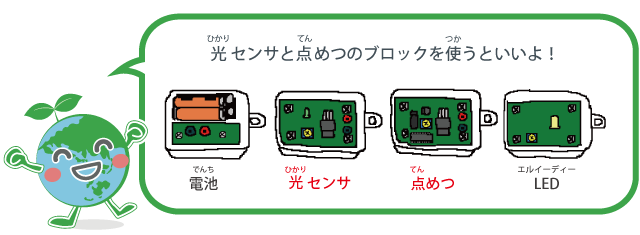 光（ひかり）センサと点（てん）めつのブロックを使（つか）うといいよ！