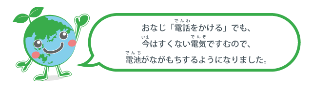 おなじ「電話（でんわ）をかける」でも、今（いま）はすくない電気（でんき）ですむので、電池（でんち）がながもちするようになりました